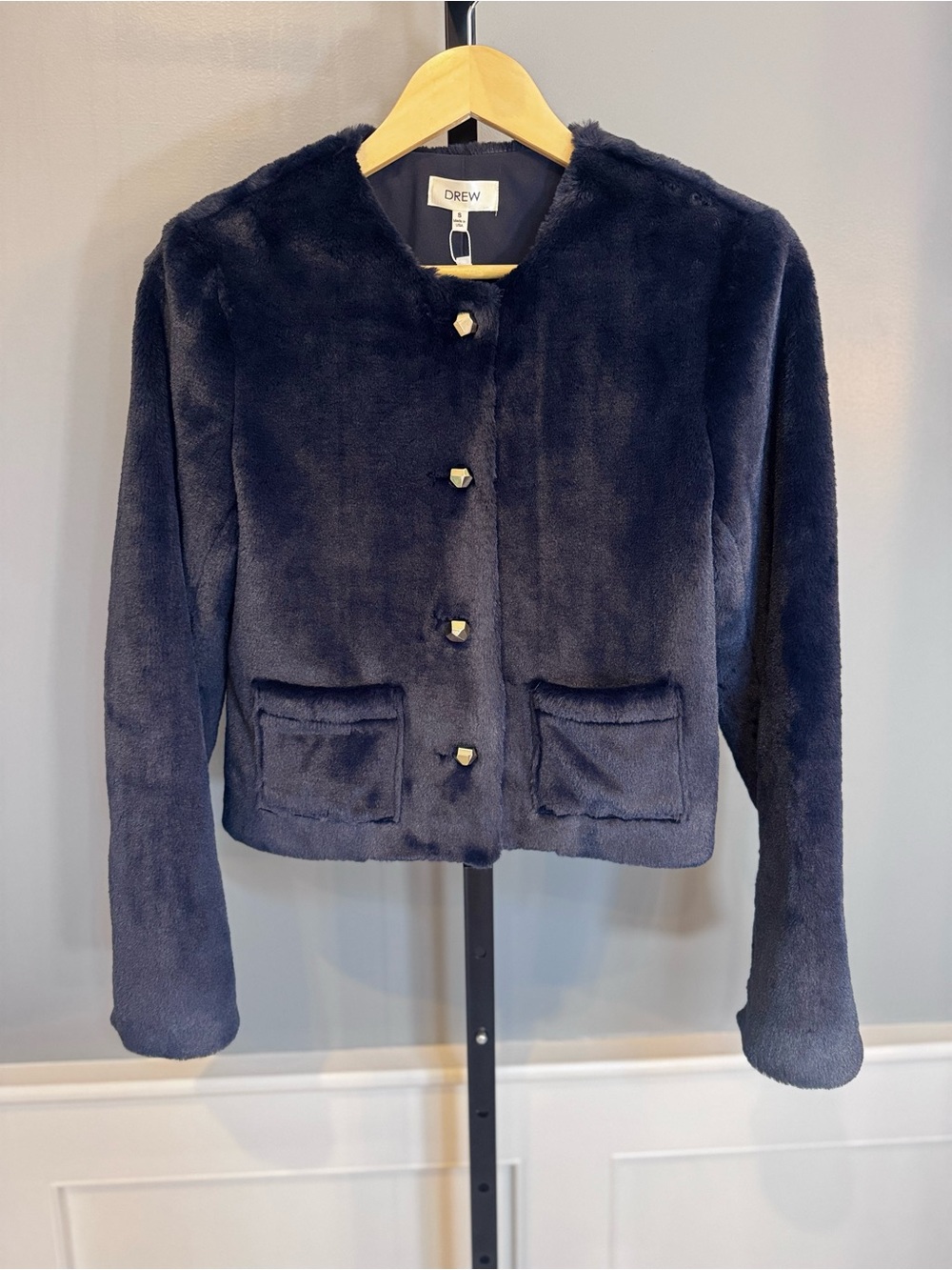 DREW Dennis Faux Fur Jacket Navy Gold Buttons NWT Small